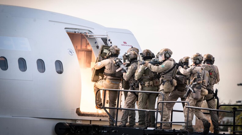 Agrandir l'image Des hommes du GIGN debout, de dos, armés, donnant l'assaut à la porte d'un avion. Un explosion est visible à l'intérieur de la carlingue.