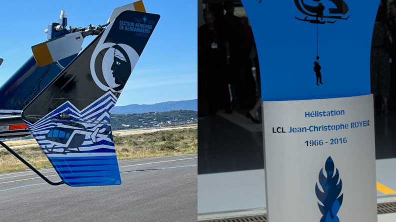 Agrandir l'image A gauche l'aileron arrière de l'hélicoptère de la SAG d'Ajaccio. A droite la stèle en hommage au lieutenant-colonel Jean-Christophe Royer, ancien commandant de la SAG, mort en service en 2016.