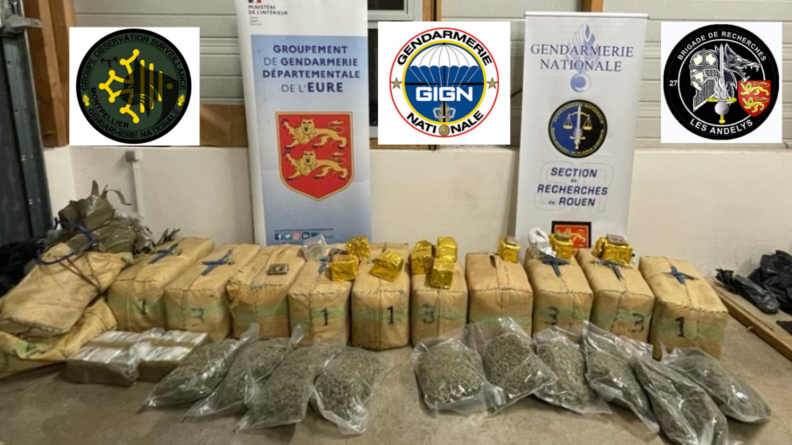 420 kilos de cannabis, 410 de résine et 12 d'herbe, conditionnés dans des sacs plastiques et des valises en jute. Le tout surmonté de deux kakemonos (Gendarmerie de l'Eure et Section de recherches de Rouen) et des logos du Groupe observation surveillance de Montpellier, du GIGN et de la brigade de recherches des Andelys