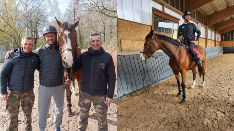 Un homme d'&acirc;ge moyen se tient assis sur un cheval brun, dont le nez est couvert d'un pelage blanc. Ils se trouvent dans un man&egrave;ge. L'homme, tout de noir v&ecirc;tu, regarde sur sa gauche. Sa main gauche est pos&eacute;e sur sa hanche, tandis que de la main droite, il tient les r&ecirc;nes du cheval