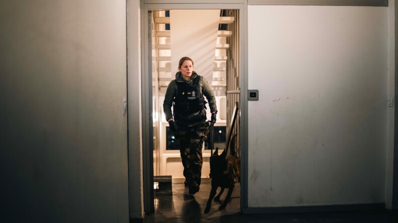 Une femme maître de chien apparait dans l'encadrement d'une porte, accompagnée d'un malinois qu'elle tient en laisse. Le binôme débouche sur un palier. On aperçoit les escaliers en second plan.