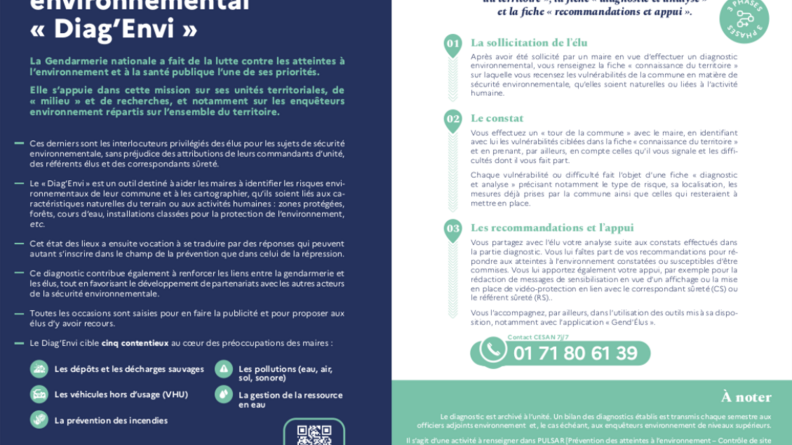 Visuel d'un docuement bleu blanc et vert présentatn le diagnostic environnement de la gendarmerie
