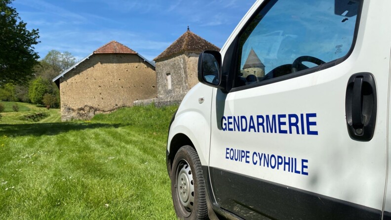Dans le parc du chateau, sur l'herbe et sous un ciel bleu, la voiture floqué du nom "équipe cynophile" indique la présence d'un chien et de son maitre.