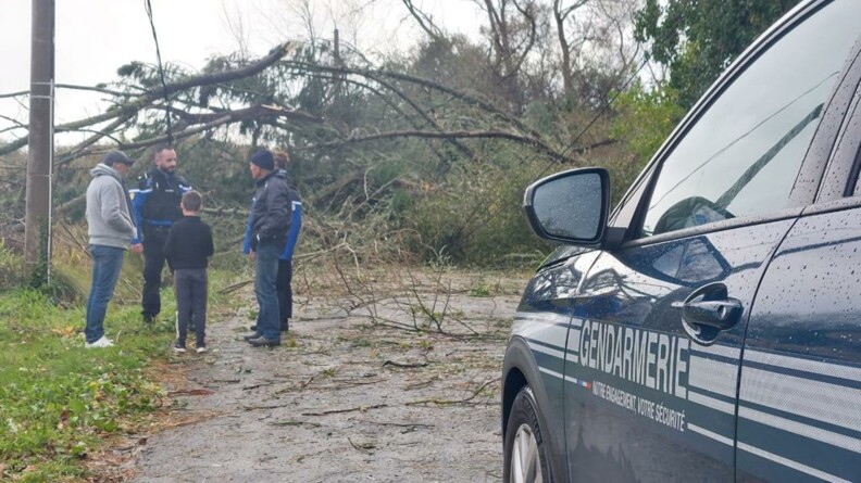 Deux gendarmes discutent avec deux hommes adultes. A leurs côtés se tient un jeune garçon. En premier plan, apparait la portière avant gauche de la voiture sur laquelle est inscrit Gendarmerie. En arrière plan, on paerçoit les arbres couchés après le passage de la tempête. Le ciel est très gris..