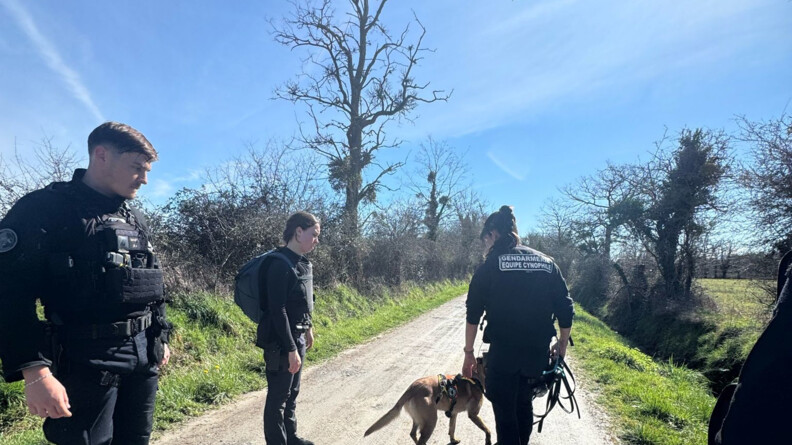 Gendarmes et chien de la gendarmerie sur un chemin de terre lors d'une traque.