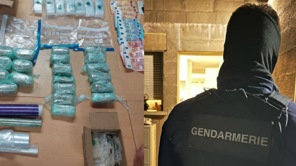 Photo montrant des produits stupéfiants saisis ainsi qu'un gendarme en tenue d'intervention se présentant devant un domicile dans le cadre d'une perquisition à réaliser.