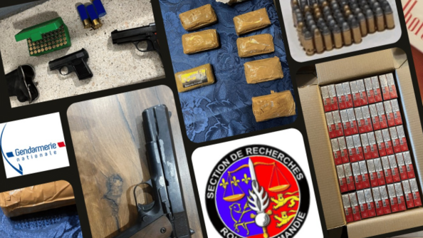 Vues diverses de saisies: arme,s munitions, stupéfiant conditionné, cigarettes. A gauche le logo de la gendrmerie nationale et en bas à droite celui de la section de recherches de Rouen