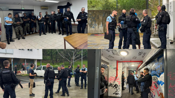 Nous voyons 4 images de l'opération Place Nette Nouvelle Calédonie. On peut voir des gendarmes du PSIG qui se préparent à aller en mission puis sur les lieux de la mission.
