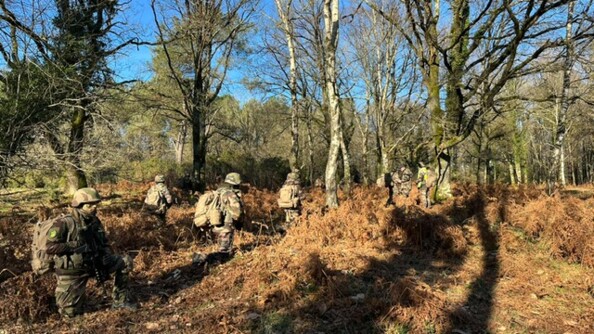 Un groupe de 6 gendarmes en tenue de combat qui marchent les uns derri&egrave;re les autres dans la for&ecirc;t.