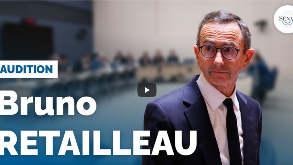 Photo du ministre de l'Intérieur, Bruno retailleau. Sur l'image est inscirte la mention AUDITION Bruno RETAILLEAU
