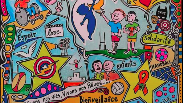 Un dessin avec de nombreux motifs colorés