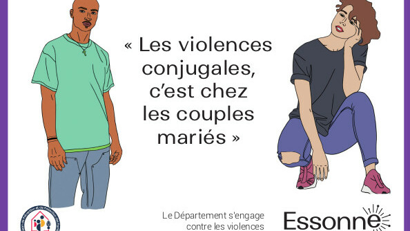 Carte de prévention contre les violences conjugales entre adolescents avec un dessin d'un homme sur la gauche et d'une femme sur la droite et au centre, le slogan "Les violences conjugales, c'est chez les couples mariés".