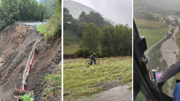 Trois photos placées côte à côté montrent une route détruite par les intempéries, un gendarme se déplaçant à vélo sur une étendue d'herbe et un gendarme (dont on aperçoit uniquement la jambe et le bras) dans un hékicoptère survolant un secteur frappé par les intempéries