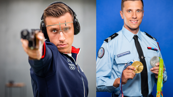 A gauche Jean Quiquampoix au tir, à droite Jean Quiquampoix en tenue de gendarme avec ses deux médailles omylpiques, une en or dans la main droite une en argent dans la main gauche.