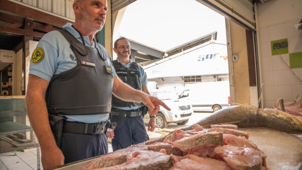 Les gendarmes du PAM échangent avec un commerçant du Marché d’intérêt régional (MIR) de Cayenne devant son étal à poissons.