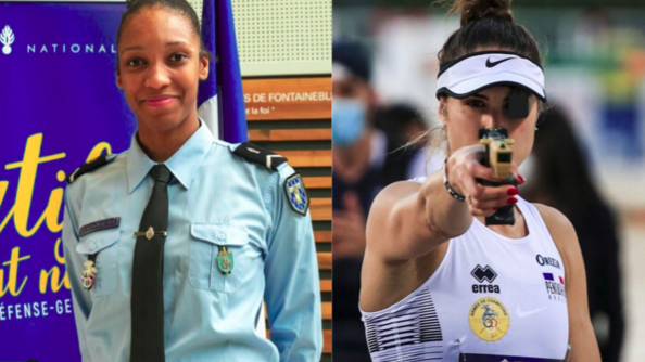 Porteait d'une gendarme et à gauche portrait d'une femme visant avec une casquette blanche