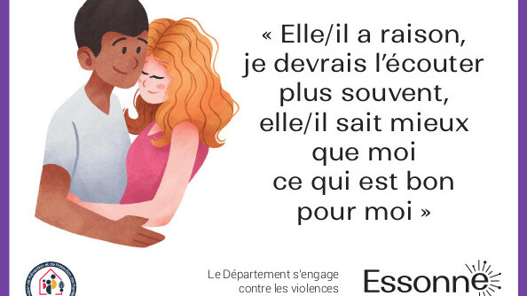 Carte de prévention contre les violences conjugales entre adolescents avec un dessin d'un homme et le slogan "Elle/il a raison, je devrais l'écouter plus souvent, elle/il sait mieux que moi ce qui est bon pour moi"..