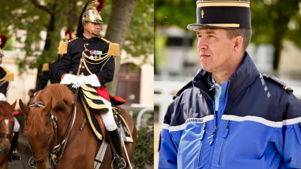 Le major Philippe à cheval en tenue de garde à gauche et en tenue de service courant à droite.