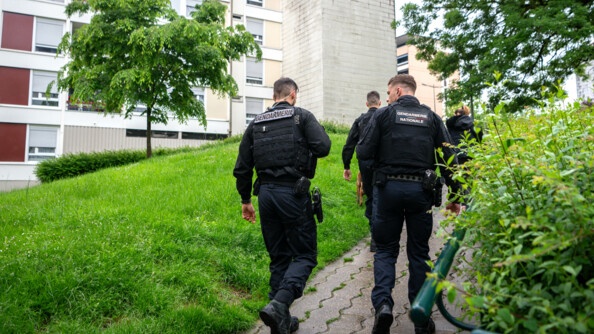 Des gendarmes avancent sur un sol légèrement en côte, au milieu d'ensembe d'immeubles, au coeur d'une cité. Ils se tiennent de dos. On peut lire "Gendarmerie" au dos de leur veste.