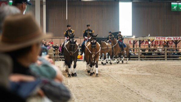 4 gendarmes de la Garde Républicaine, en démonstration. Autour d'eux une foule de personnes les regardent.