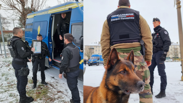Sur l'image de droite, des gendarmes mobiles échangent au pied d'un véhicule en tenant une carte - sur l'image de droite, un malinois de trois-quart au premier plan, avec derrière lui un gendarme en treillis en haut noir floqué "équipe cynophile"