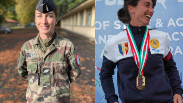 A gauche, la sportive Léocadie Ollivier de Pury en tenue de gendarme. A droite, la sportive sur un podium avec une médaille au cou.