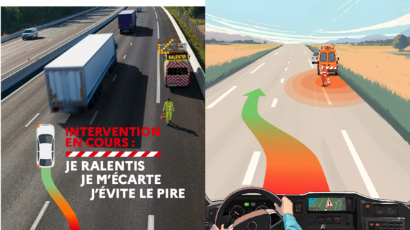 Deux affiches indiquant où changer de couloir lors d'une intervention sur voie routière, à gauche sur l'autoroute et à droite, sous forme de dessin, sur la route