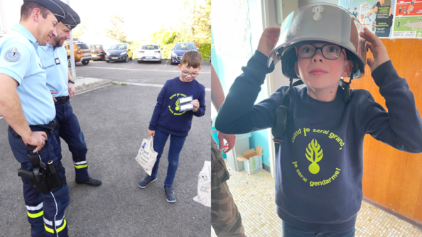A gauche Tom avec deux gendarmes découvre ses cadeaux. A droite, Tom enfile un casque de maintien de l'ordre.