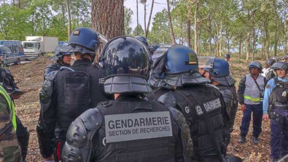Un enquêteur de la section de recherches de Versailles, vu de dos, en tenue de maintien de l'ordre, aux côtés de plusieurs gendarmes mobiles, également vus de dos, lors d'un stage à Saint-Astier. La scène se passe dans les bois.