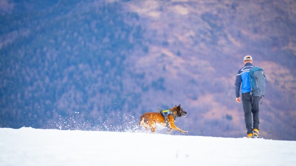 Un gendarme maitre chien et son compagnon à quatre pattes dans la neige.