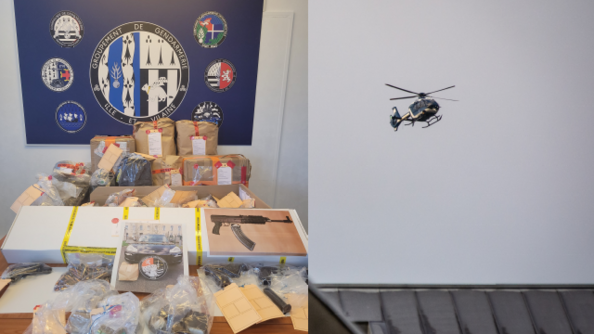 Photo montrant l'hélicoptère de la gendarmerie employée à l'occasion de l'opération "Tempête 35" ainsi que les résultats de cette opération (saisies de stupéfiants, d'armes et d'argent).