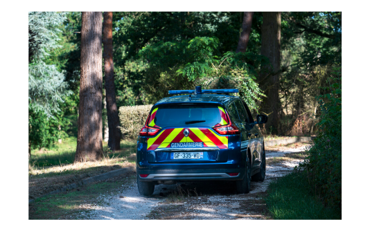 La photo représente un véhicle de la gendarmerie, dont on apreçoit  l'arrière, roulant sur un sentier forestier. La scène se déroule en journée.