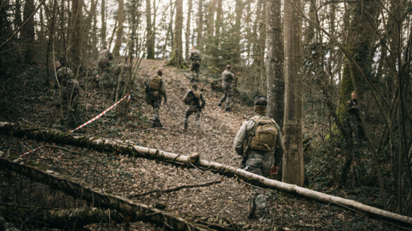 Une dizaine de gendarmes et militaires en treillis dans la forêt