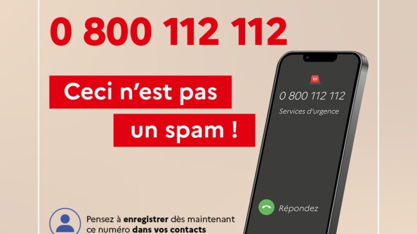 Infographie reprenant le nouveau numéro de rappel d'urgence 0 800 112 112 avec un téléphpone affichant ce nuémro et la phrase "ceci n'est pas un spam" en rouge