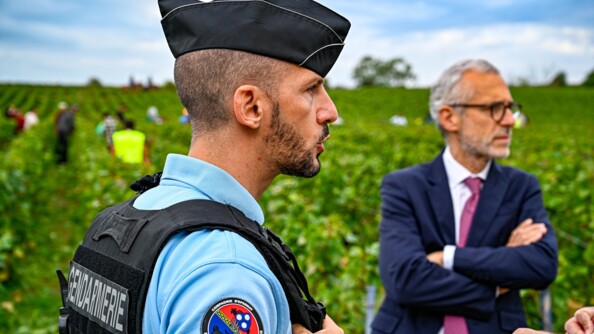 A gauche, de profil droit en buste, un gendarme revêtu de son gilet pare-balle  et coiffé d'un calot. à droite au second plan, un homme en costard bleu marine et cravate fuschia, de face regardant vers sa gauche avec les bras croisés. En arrière-plan la vigne où quelques vendangeur travaillent