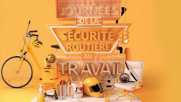 dans des tons jaunes, l'affiche des journées de la sécurité routière au travail, avec un bureau, une chaise, une horloge, un casque de moto jaune, un mug, des livres, un vélo jaune