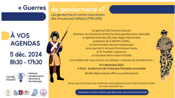 Affiche du colloque sur les Guerres de gendarmerie, sur laquelle sont représentés des soldats des différentes époques, sur fond jaune