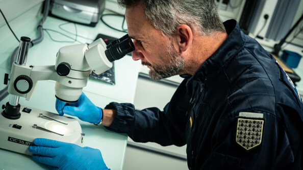 Un gendarme vêtu d'une combinaison bleue marine, arborant un ecusson breton sur le bras gauche, les mains gantées de bleu, regarde dans un microscope