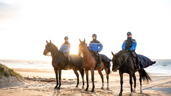 Gardes républicains se tenant sur la plage au coucher du soleil.