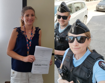 Portraits de la gendarme de réserve Camille: à gauche avec son contrat d'engagement à servir dans la réserve puis à droite en uniforme en mission de prévention de proximité