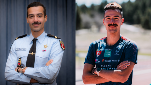 Nous voyons un portrait de Mehdi Frère, souriant, sur une piste d'athlétisme à Font-Romeu, il fait soleil