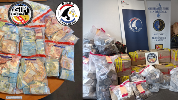 Juxtaposition de deux photos. Sur celle de gauche, une dizaine de sacs en plastique transparent, contenant des billets de banque (euros) de toutes coupures. En haut de la photo, les logos de la S.R. de Nancy, du GIR de Metz et de la DTPJ de Nancy. Sur la photo de droite, plusieurs sacs et cartons contenant les produits stupéfiants et les logos des trois unités d'enquête.