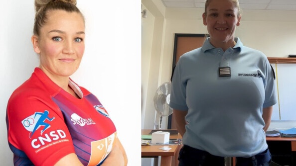 POrtrait d'une rugbywoman bras croisés et à droite la même en tenue d'intervention