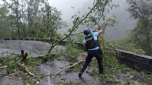 Un gendarme, debout, de dos, déblaie une route barrée par des branches d'arbres, après le passage du cyclone Garance sur l'île de la Réunion.