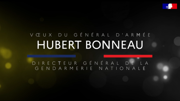 Fond noir et vert sur lequel est écrit "Voeux du général d'armée Hubert Bonneau directeur général de la gendarmerie nationale.