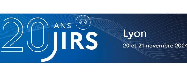 Affiche des 20 ans des JIRS. Ecriture blanche sur fond bleu avec noté dessus "20 ans JIRS - Lyon 20 et 21 novembre".