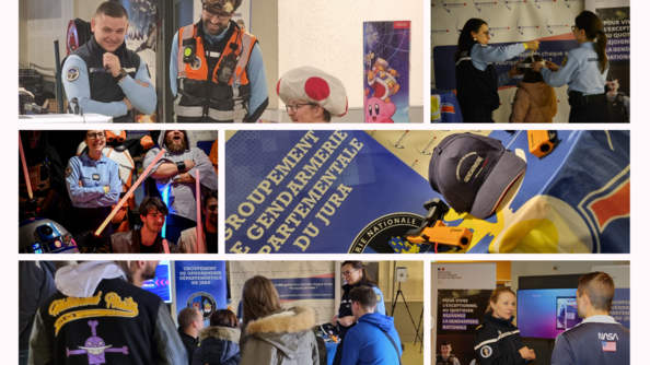 Montage de plusieurs images de la gendarmerie du Jura au salon Geeklegends