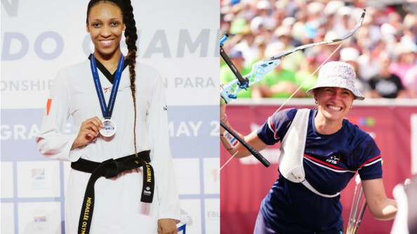 A gauche Althéa Laurin avec sa médaille de championne d'Europe. A droite Lisa Barbelin tout sourire, avec un bob sur la tête, arc dans la main droite.