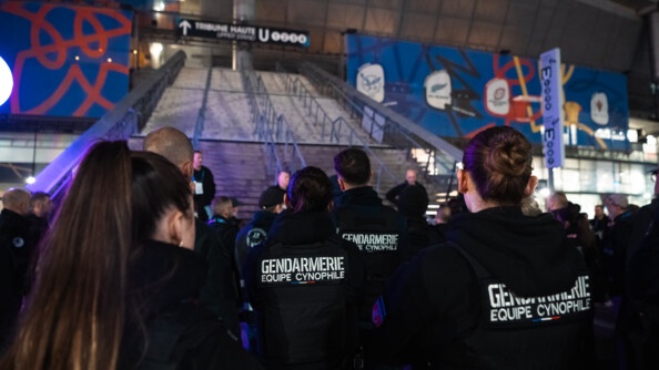 Trois gendarmes des équipes cynophiles, de dos, à l'extérieur du Stade de France, parmi tous les membres des Forces de l'ordre engagées.