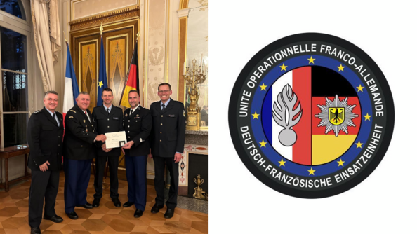 De gauche à droite : Michael Biehl, officier de liaison de la Bundespolizei à Paris, le général de corps d’armée Olivier Kim, commandant de la Région de gendarmerie Grand Est, commandant la gendarmerie pour la zone de défense et de sécurité Est, Andreas Persch, chef du détachement allemand de l’UOFA, le capitaine Bertrand Loubette, commandant de la Brigade de coopération transfrontalière et européenne, socle de l'Unité opérationnelle franco-allemande (UOFA), Doktor Frank Niechziol, président de la Bundesbereitschaftpolizei (forces mobiles de la police fédérale allemande).